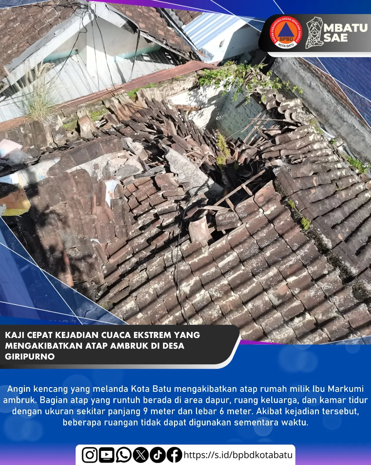 Angin Kencang Selimuti Kota Batu; Atap Rumah Warga Sumber Brantas Ambruk