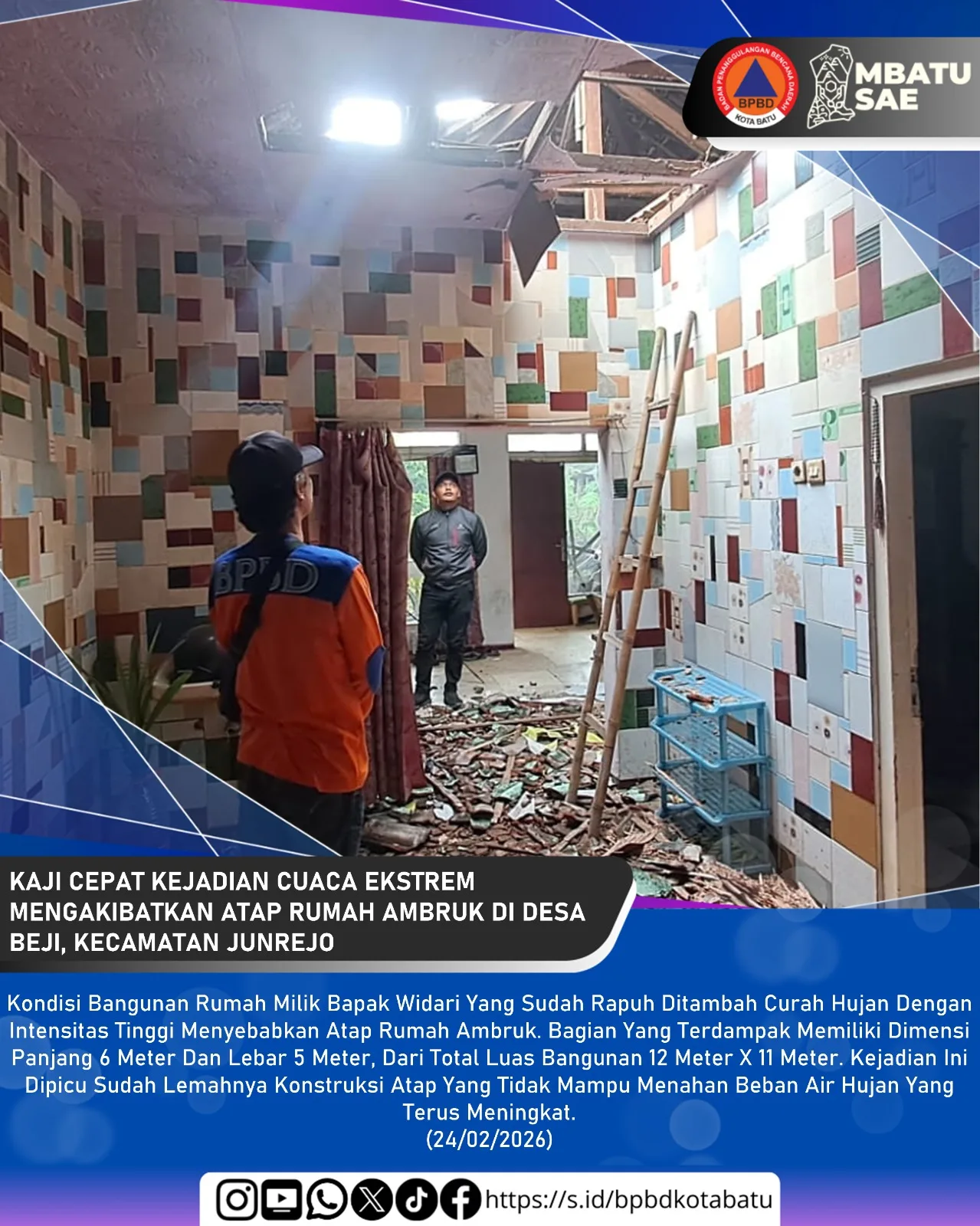 Hujan Deras Guyur Kota Batu, Atap Rumah Warga di Desa Beji Ambruk