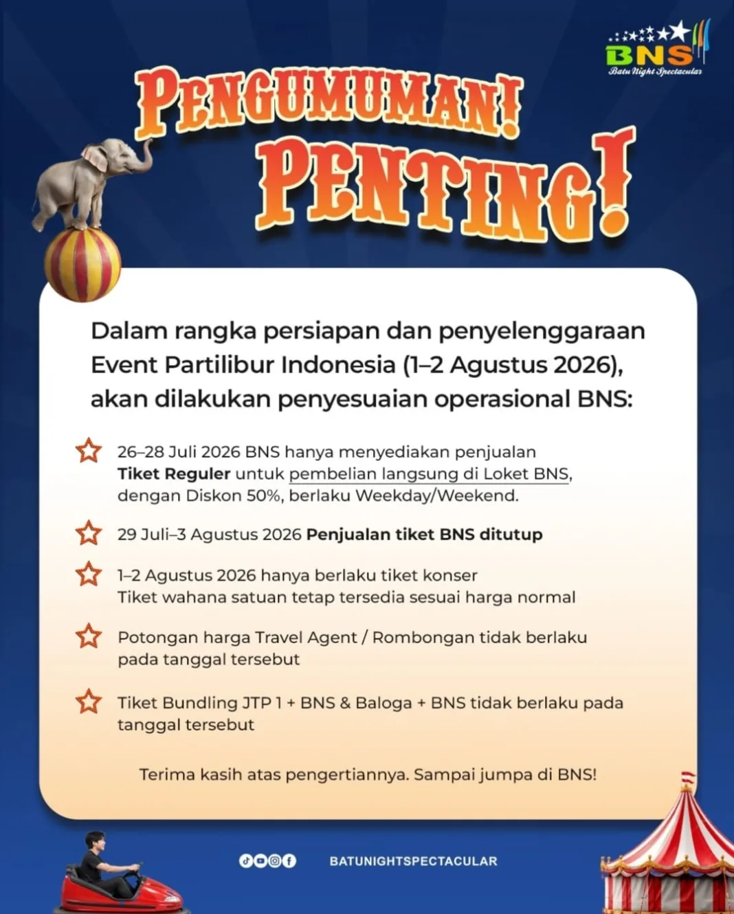 Sambut Event Partilibur Indonesia 2026, BNS Beri Diskon Tiket 50% Sebelum Penutupan Sementara! Sambut Event Partilibur Indonesia 2026, BNS Beri Diskon Tiket 50% Sebelum Penutupan Sementara!