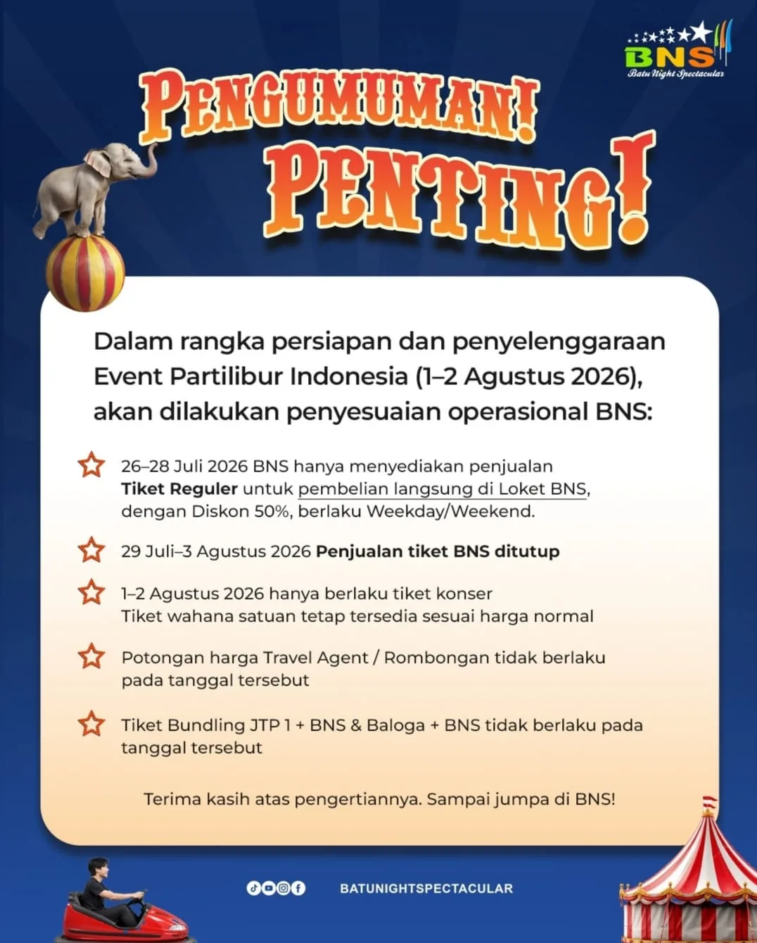 Sambut Event Partilibur Indonesia 2026, BNS Beri Diskon Tiket 50% Sebelum Penutupan Sementara!