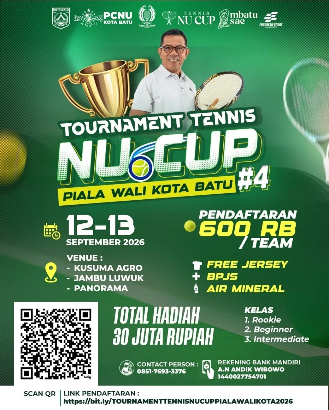 Gelorakan Sports Tourism, Wali Kota Batu Nurochman Dukung Penuh Tournament Tennis NU Cup #4 Piala Wali Kota 2026