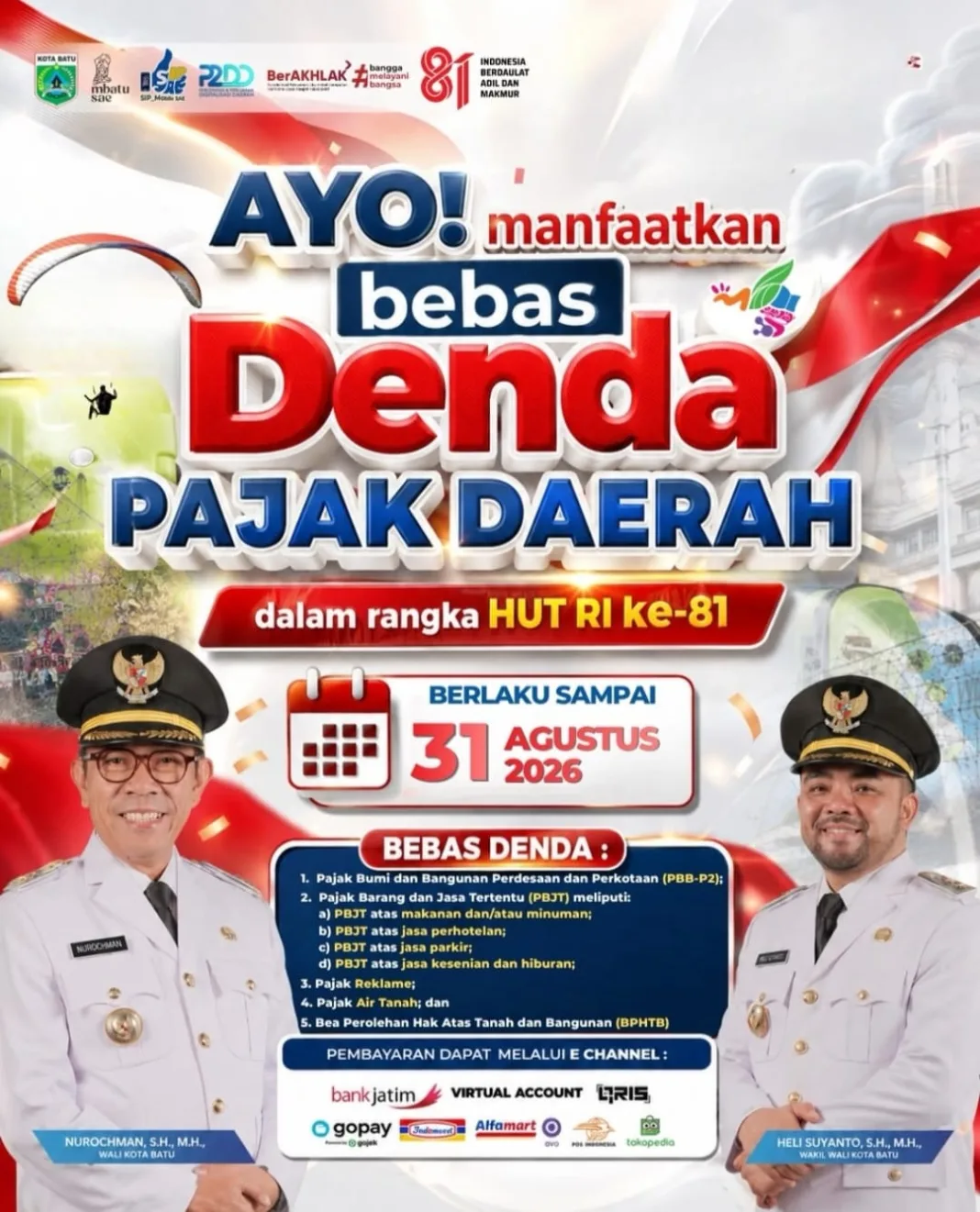 Sambut HUT RI ke-81, Bapenda Kota Batu Bebaskan Denda Pajak Daerah Hingga 31 Agustus Sambut HUT RI ke-81, Bapenda Kota Batu Bebaskan Denda Pajak Daerah Hingga 31 Agustus