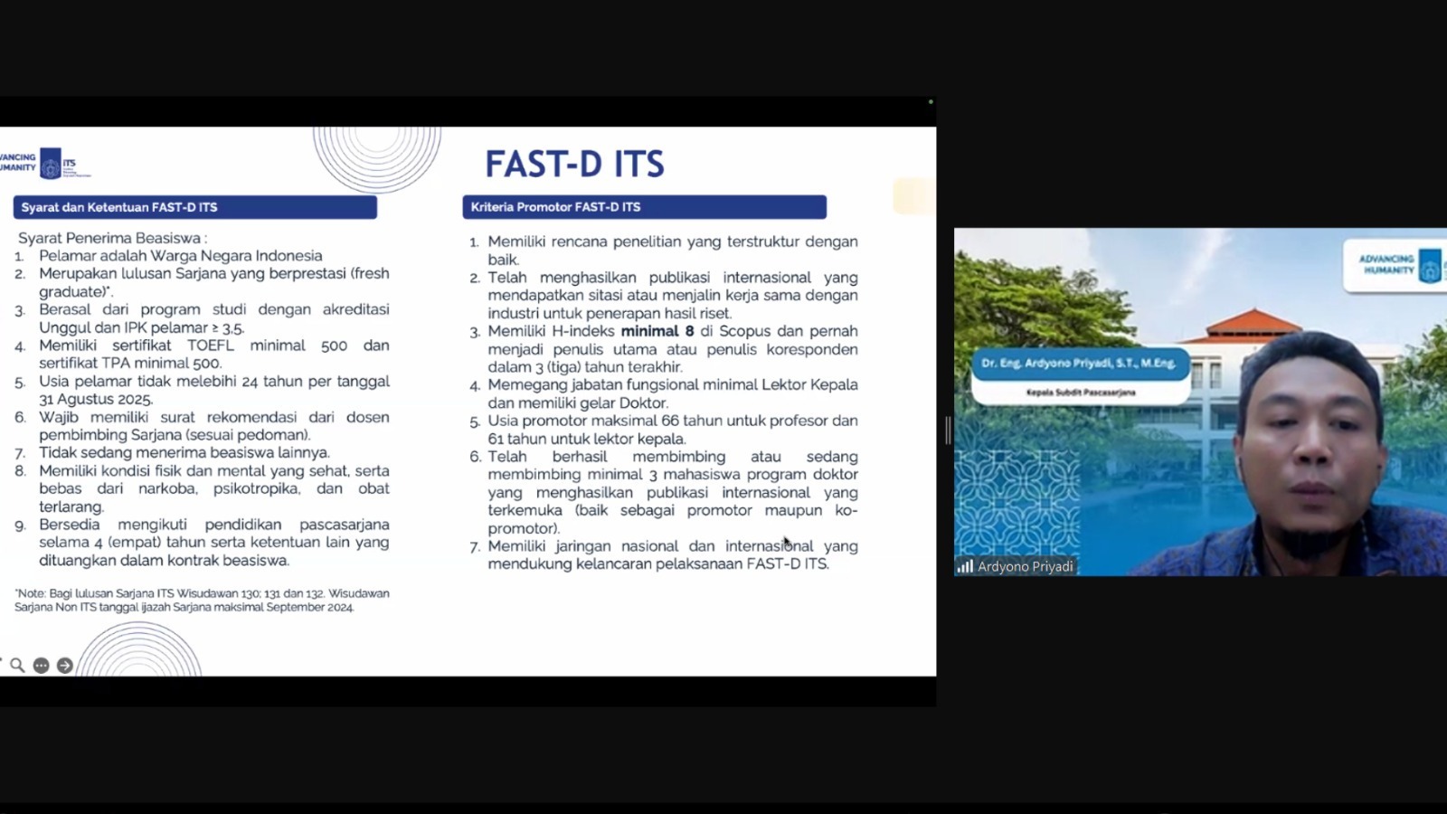 Kepala Subdirektorat Pascasarjana Dr Eng Armyono Priyadii St Meng Yang Helaskan Mengenai Syrat Dan Keentuan Bagi Pierra Beasiswa Dan Prominor Beasiswaa Fast-D
