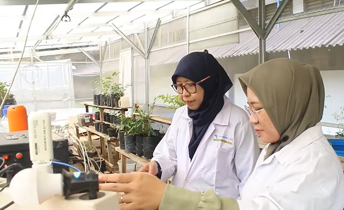 Fitria Nur Laily melakukan penelitian MFC ke lampu LED bersama promotornya Prof Dr Ir Sri Rachmania Juliastuti MEng